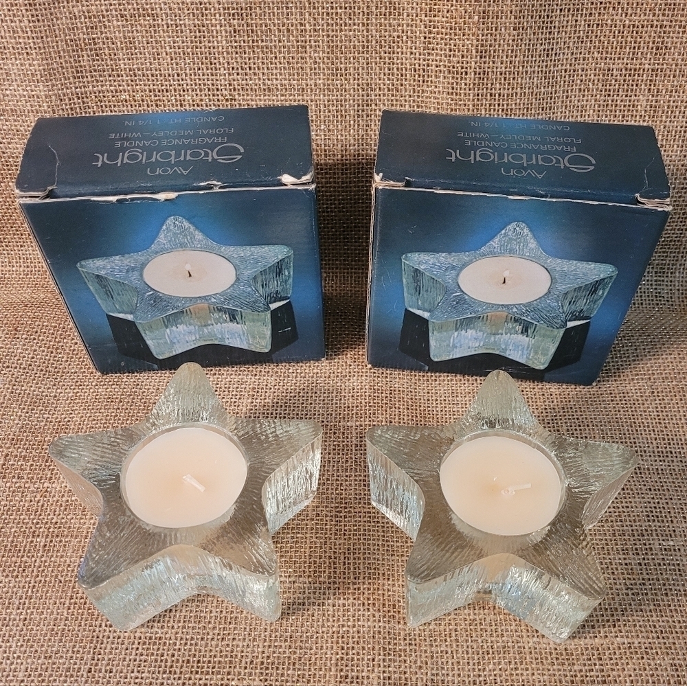 2 Vintage Avon Starbright Star Shape Glass Candle Holder Floral Scent In Box NOS